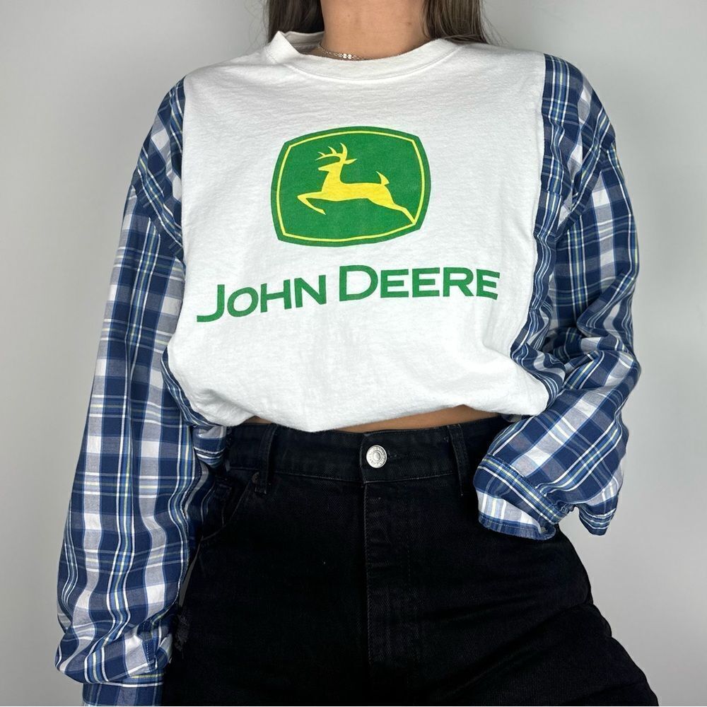 John Deere Reworked Upcycled Western Blue Green Plaid Long Sleeve Casual Shirt